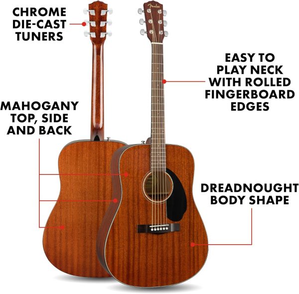 Fender Acoustic Guitar, CD-60S, with 2-Year Warranty, Dreadnought Classic Design with Rounded Walnut Fingerboard, Glossed Finish, All-Mahogany Construction - Image 4