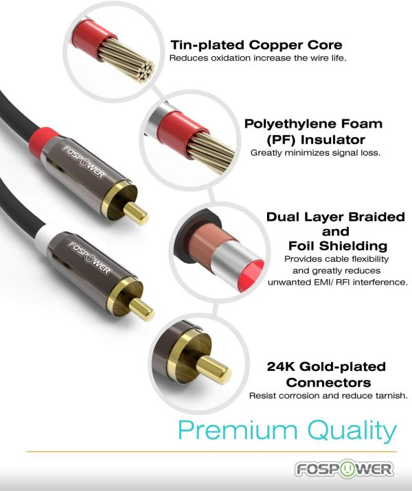 FosPower 2 RCA M/M Stereo Audio Cable [24K Gold Plated | Copper Core] 2RCA Male to 2RCA Male [Left/Right] Premium Sound Quality Plug - 10ft - Image 3