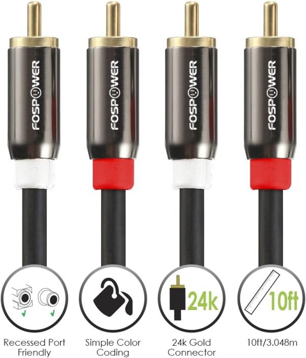 FosPower 2 RCA M/M Stereo Audio Cable [24K Gold Plated | Copper Core] 2RCA Male to 2RCA Male [Left/Right] Premium Sound Quality Plug - 10ft - Image 5